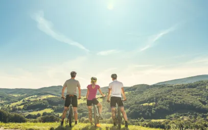 Drei Radfahrer bewundern die grüne Landschaft Wiens
